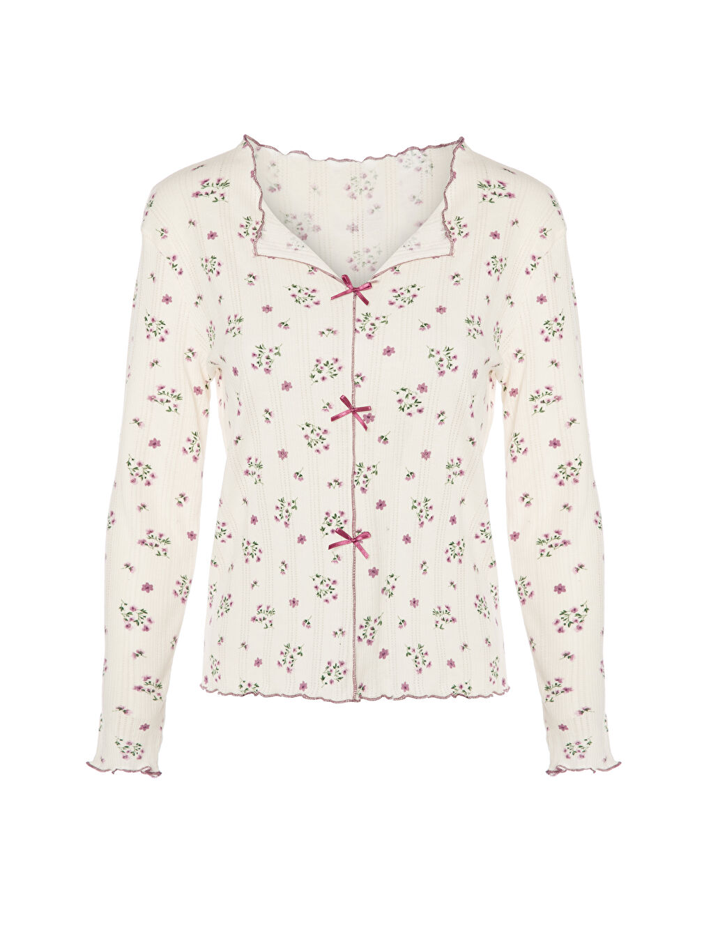 Mor Kadın Pamuklu Çıtır Çiçek Desenli Baby Overloklu Fiyonklu Uzun Kollu Pijama Takımı-1