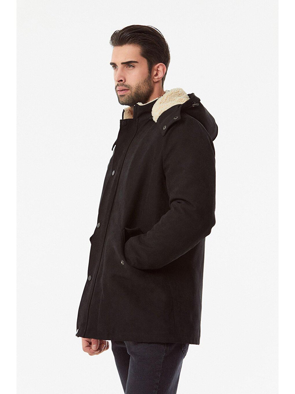 Siyah Süet Kapüşonlu Mont-4