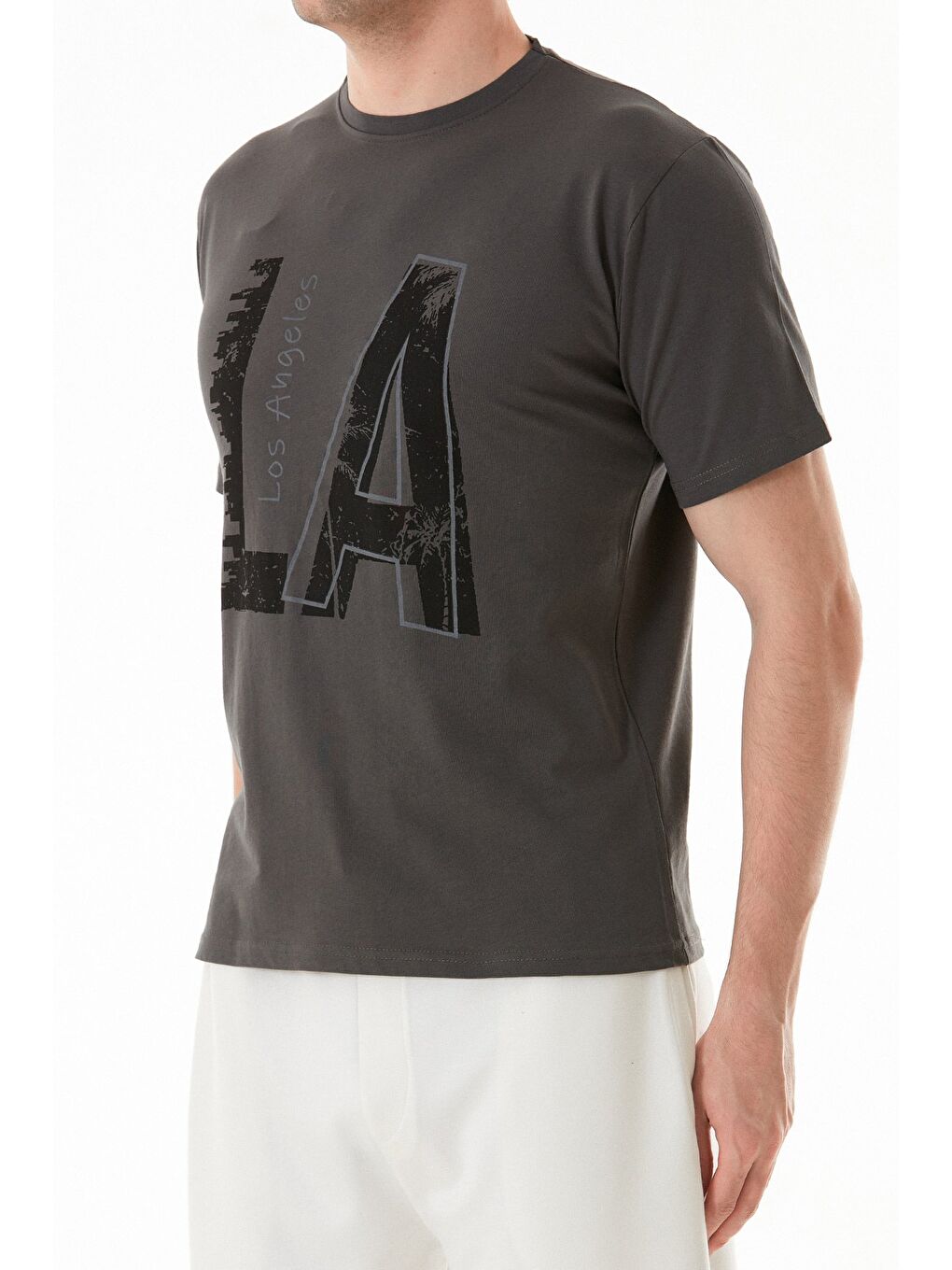 Antrasit Los Angeles Yazı Baskılı Bisiklet Yaka Tişört-4