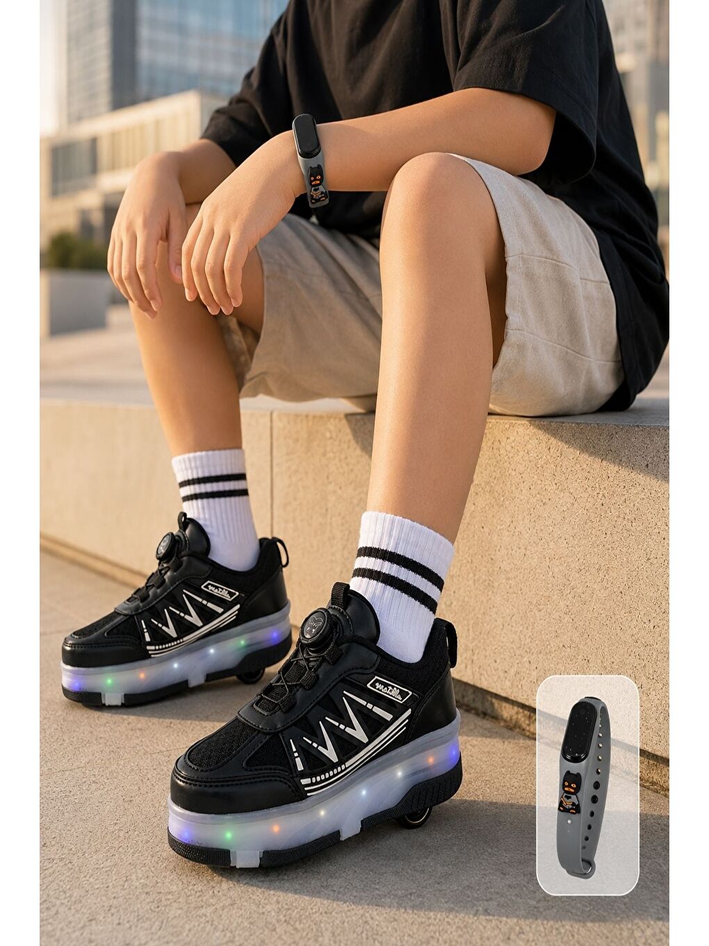 Siyah SKATE Çocuk Işıklı Patenli Tekerlekli Sneaker Spor Ayakkabı-5