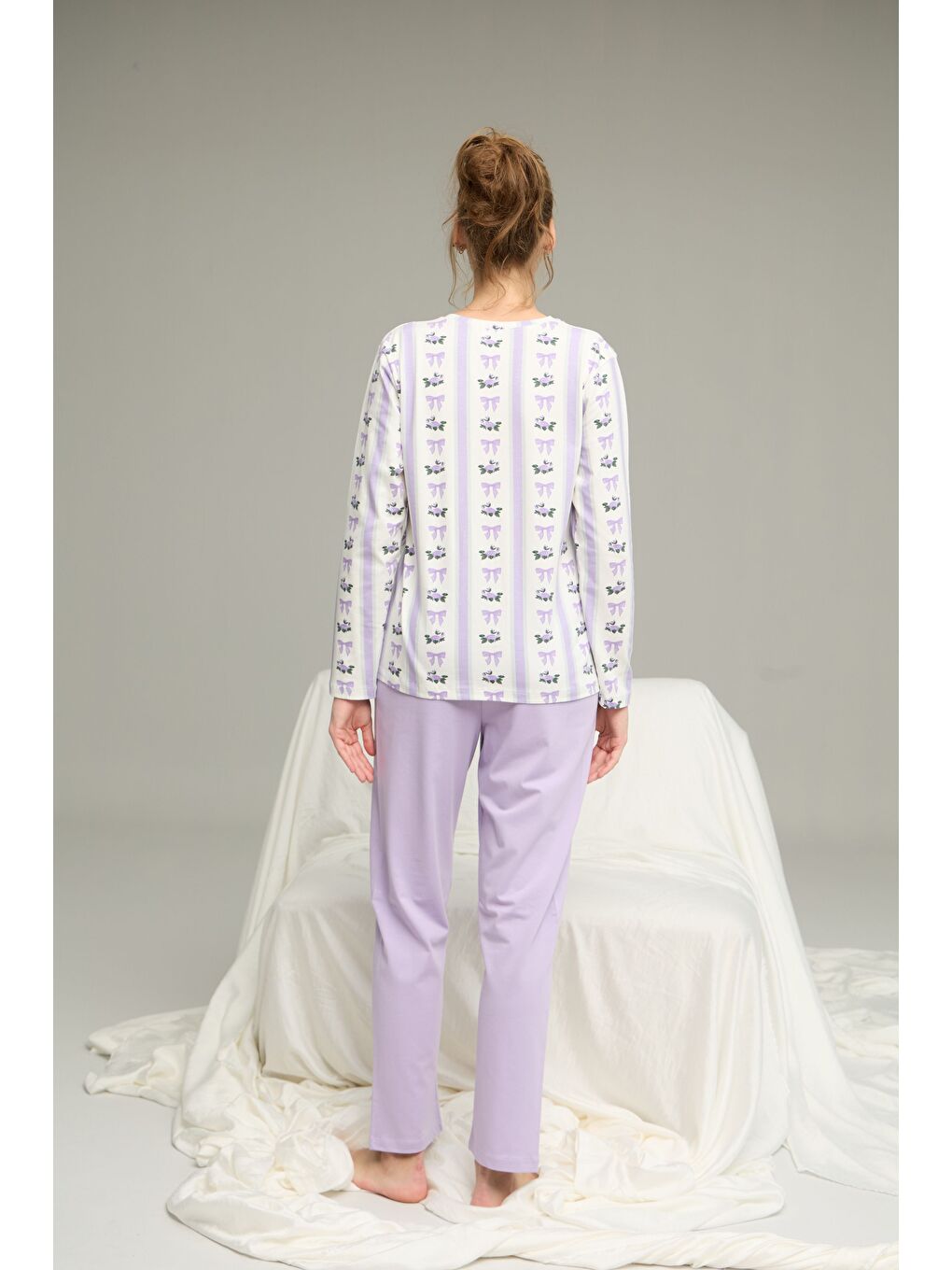 Lila Kurdele Desenli Örme Pamuklu Pijama Takım25240270-2