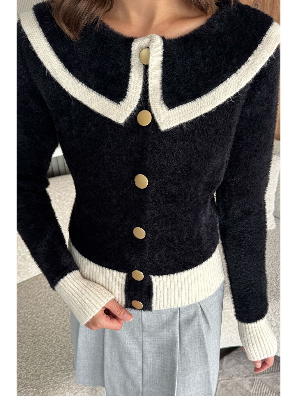 Siyah Kadın Bebe Yaka Yumoş İplik Triko Ceket (s-m-l Uyumludur)-1