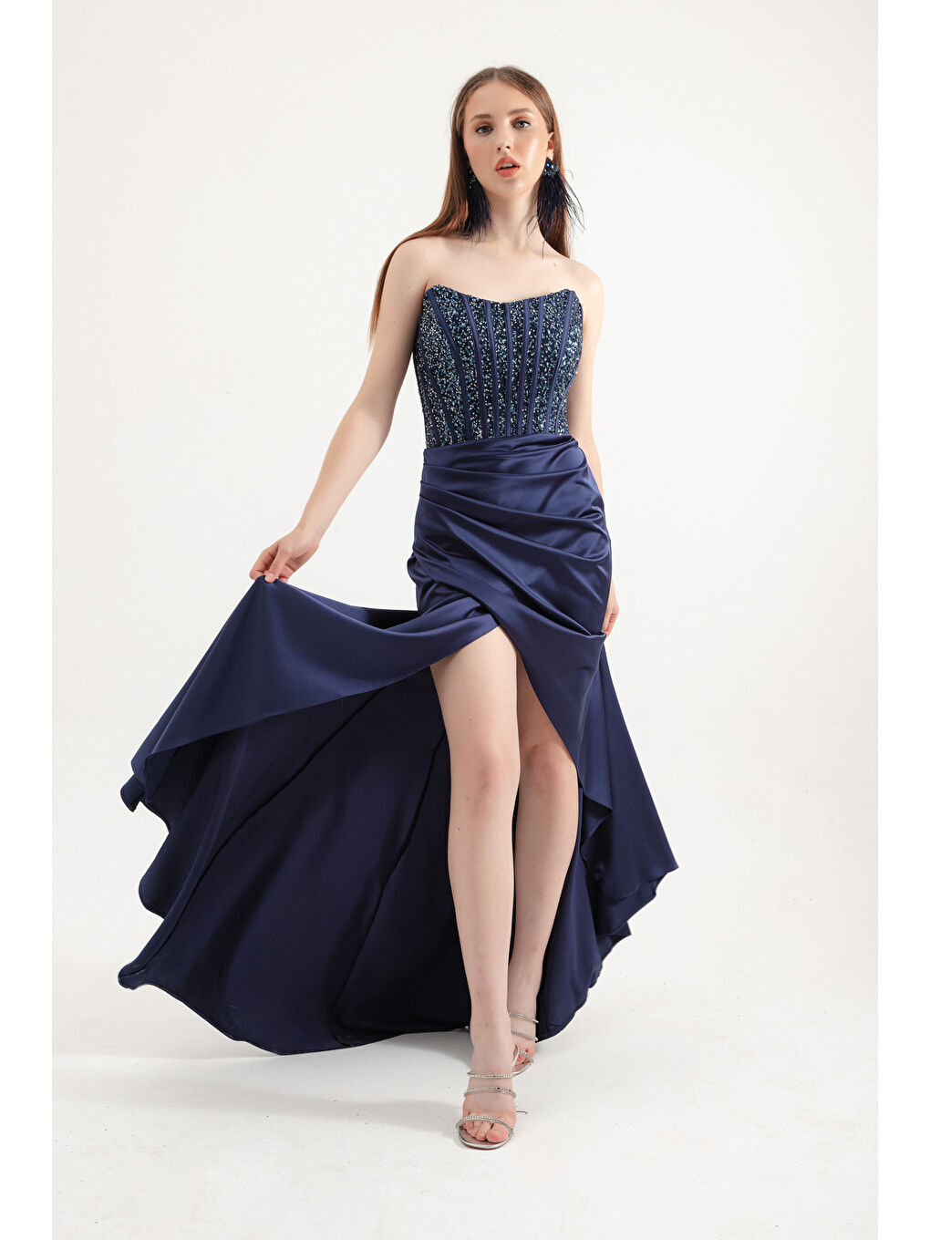 Kadın Lacivert Balen Korse Detaylı Taşlı Uzun Abiye Elbise-1