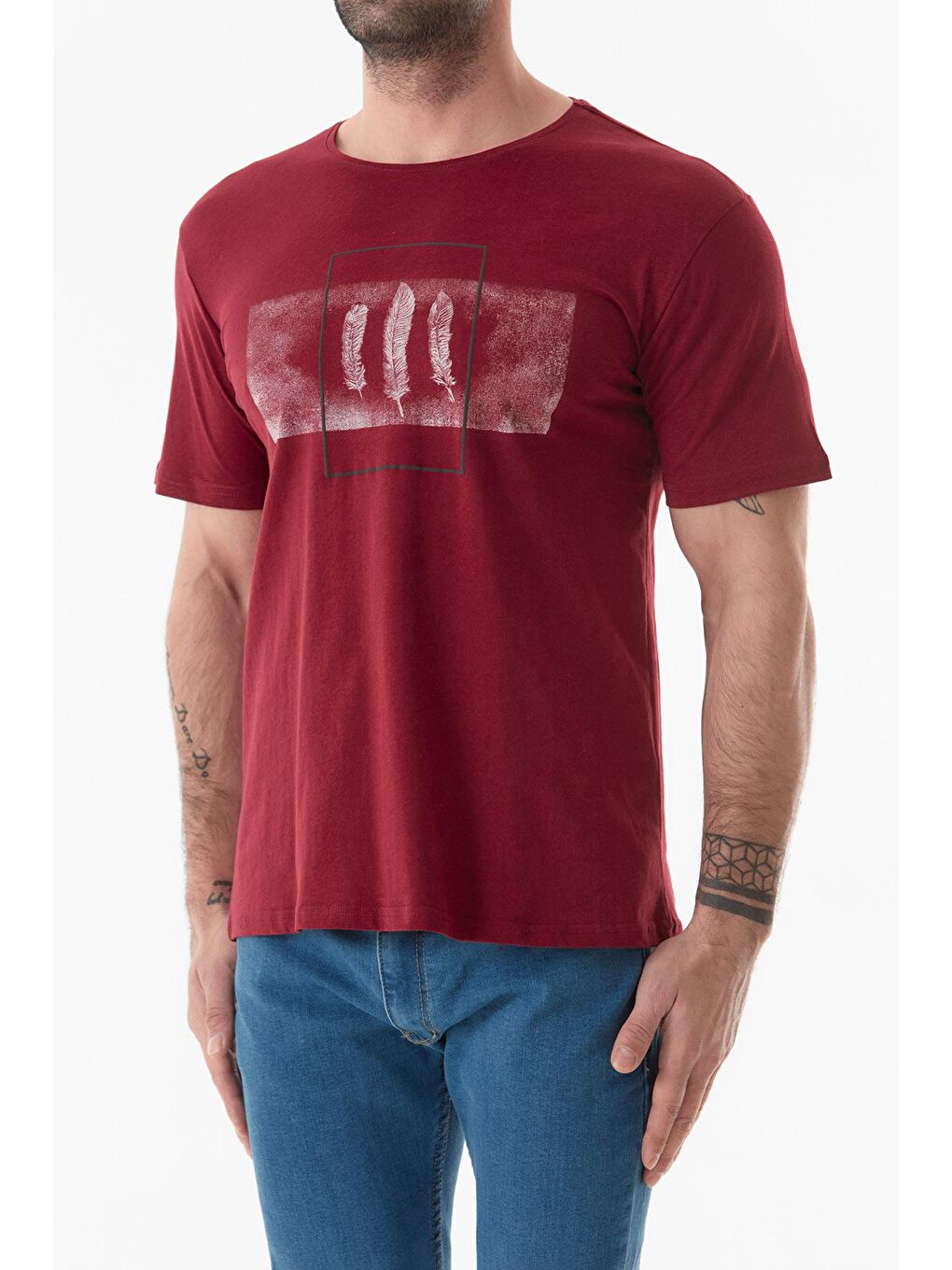 Bordo Baskılı Bisiklet Yaka Tişört-2