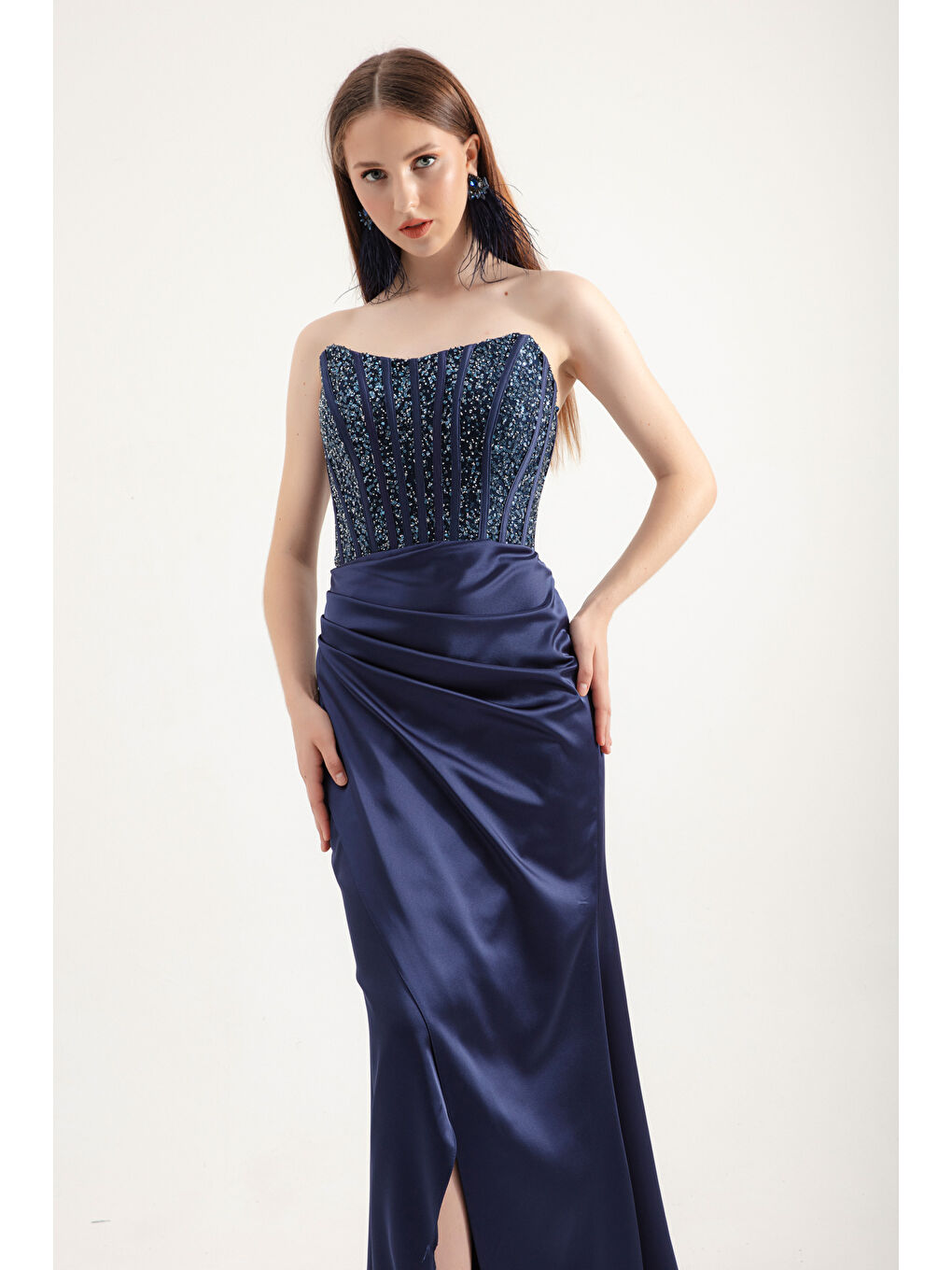 Kadın Lacivert Balen Korse Detaylı Taşlı Uzun Abiye Elbise-2