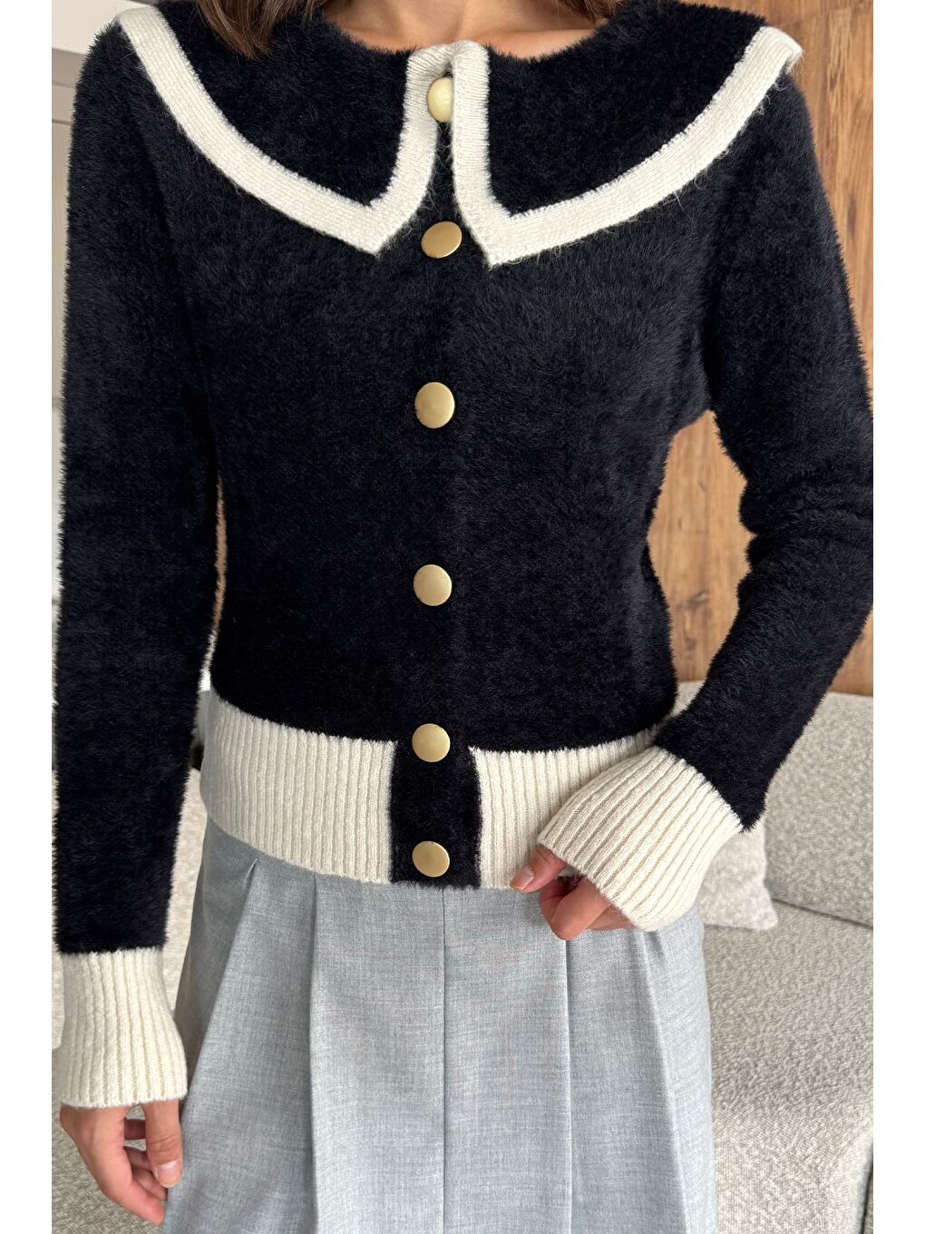 Siyah Kadın Bebe Yaka Yumoş İplik Triko Ceket (s-m-l Uyumludur)-2