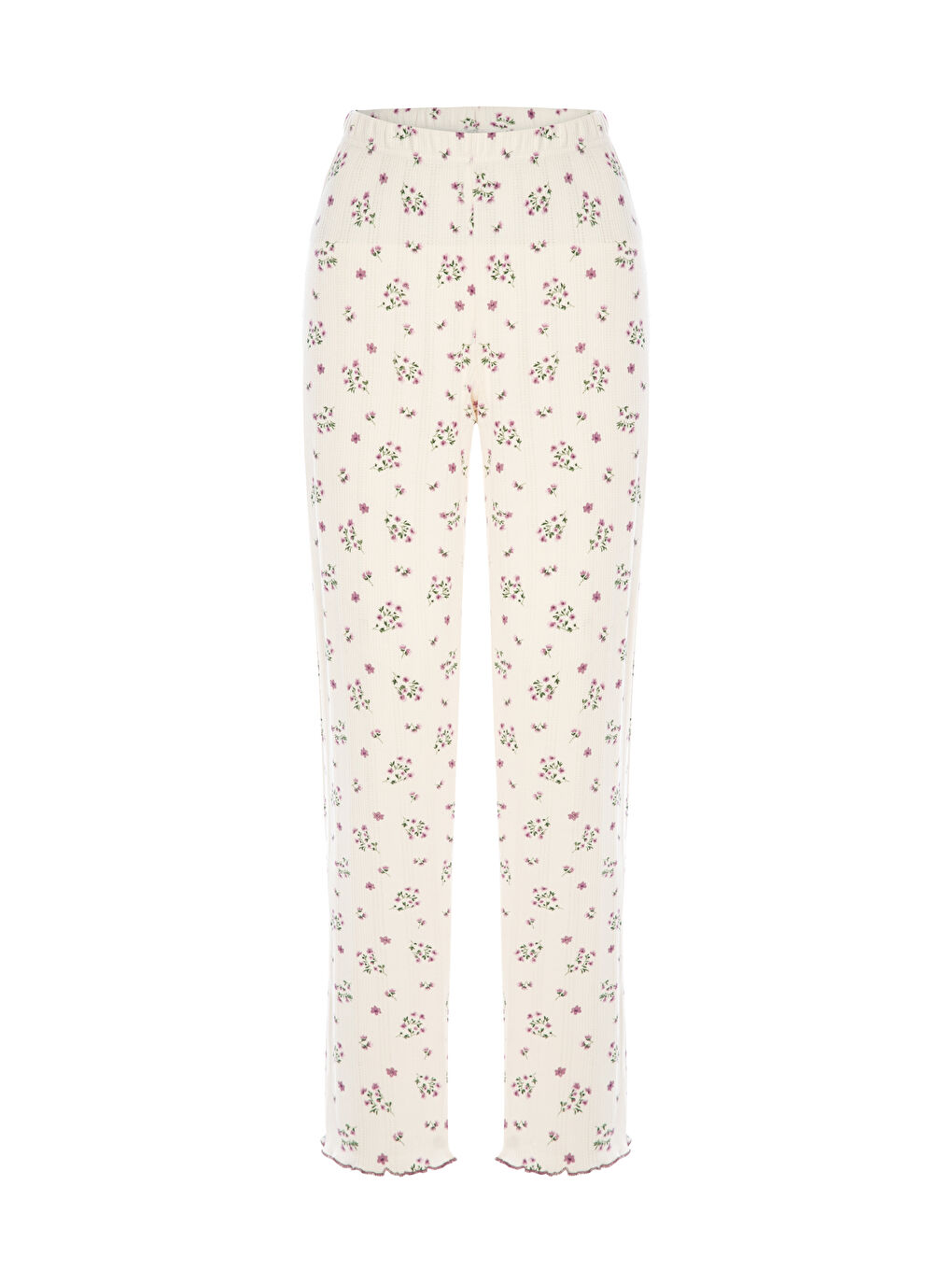 Mor Kadın Pamuklu Çıtır Çiçek Desenli Baby Overloklu Fiyonklu Uzun Kollu Pijama Takımı-2