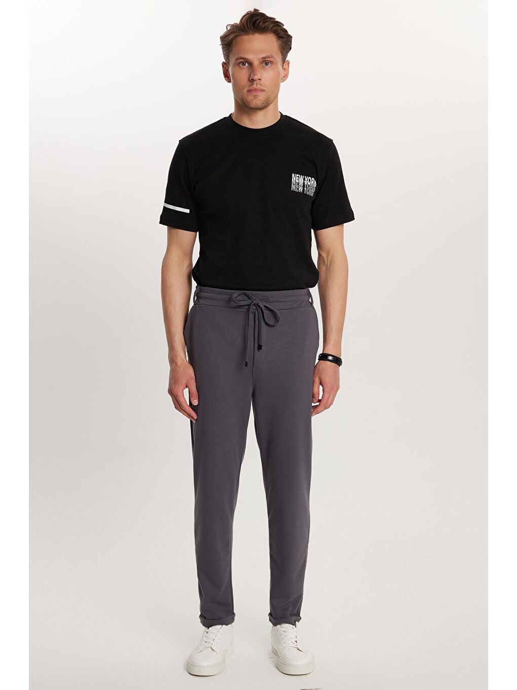 Erkek Slim Fit Pamuklu Beli Bağlamalı Yan Cepli Katlamalı Paça Jogger Antrasit Pantolon-2