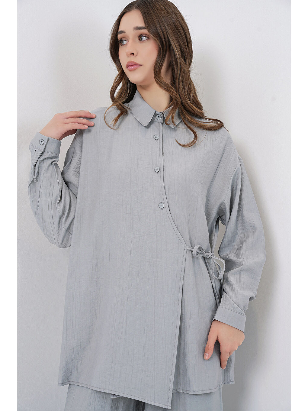 Kadın Bağcıklı Tunik Pantolon İkili Takım 6752 - Gri-1