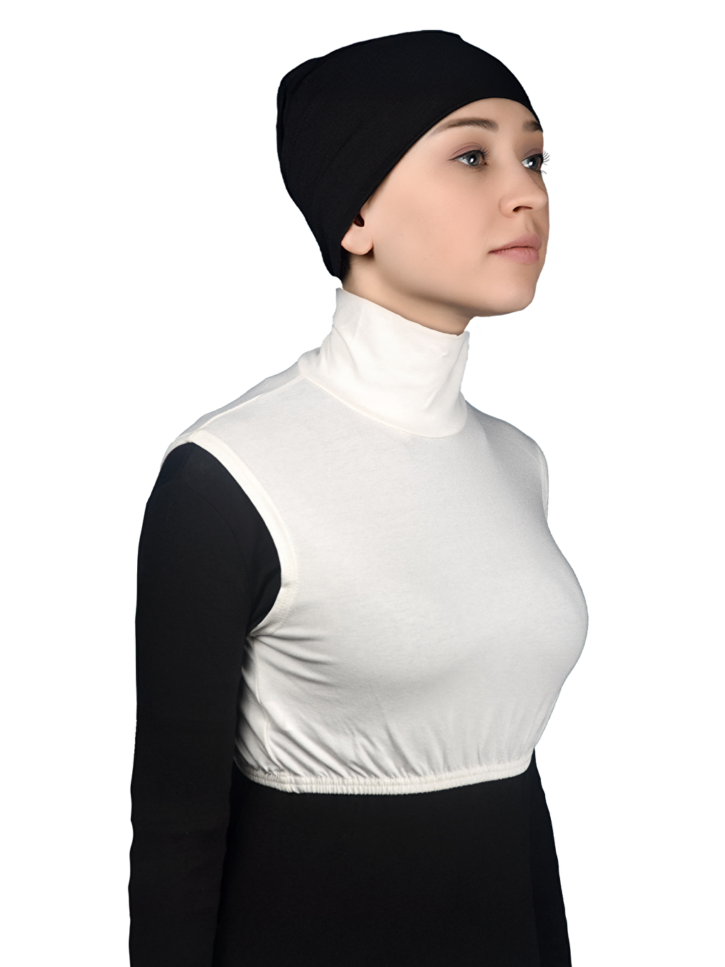 Ekru Sıfır Kol Balıkçı Yaka Tam Boğazlı Elastanlı Penye Kadın Yarım Body