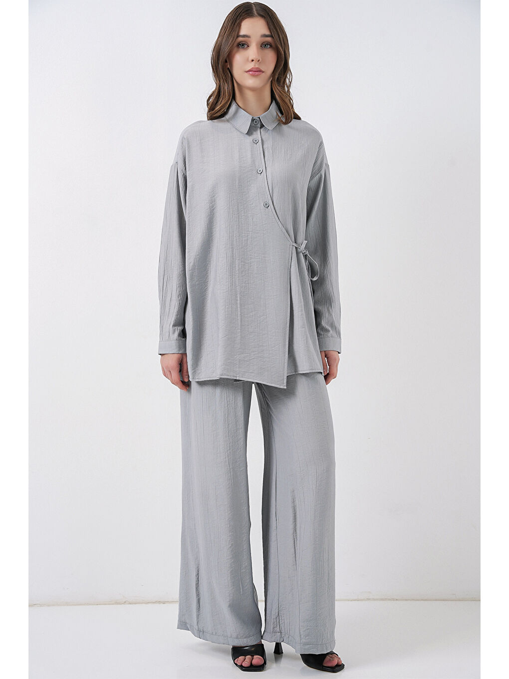 Kadın Bağcıklı Tunik Pantolon İkili Takım 6752 - Gri-2