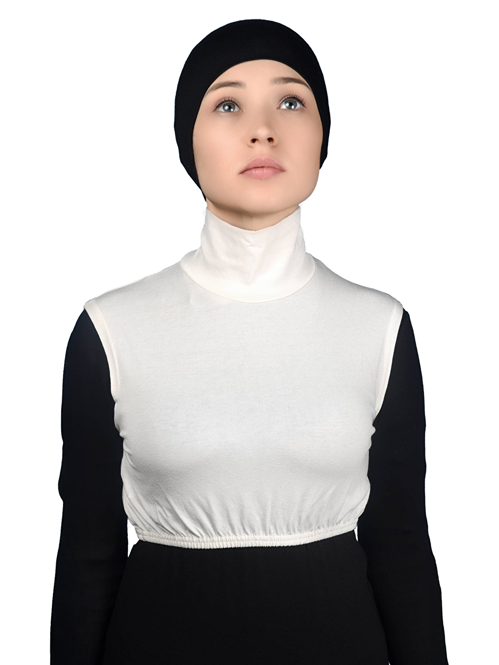 Ekru Sıfır Kol Balıkçı Yaka Tam Boğazlı Elastanlı Penye Kadın Yarım Body-1