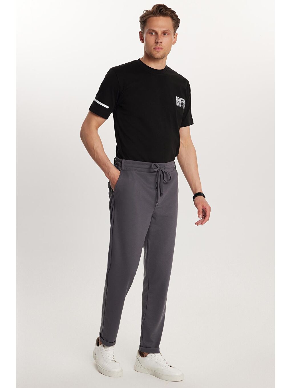 Erkek Slim Fit Pamuklu Beli Bağlamalı Yan Cepli Katlamalı Paça Jogger Antrasit Pantolon-3
