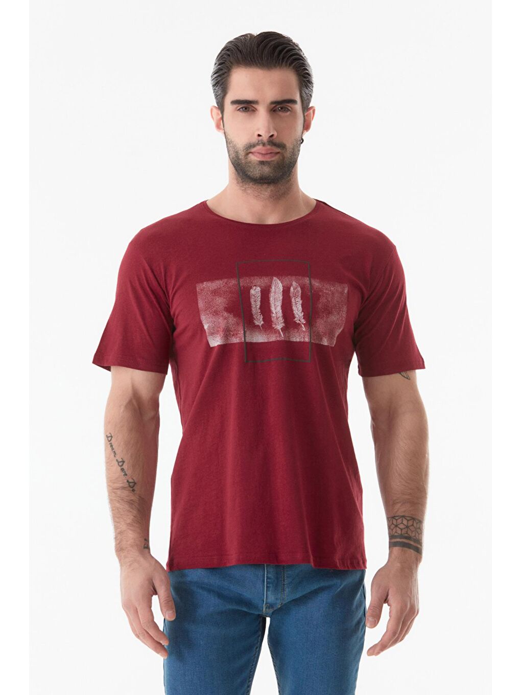 Bordo Baskılı Bisiklet Yaka Tişört-3