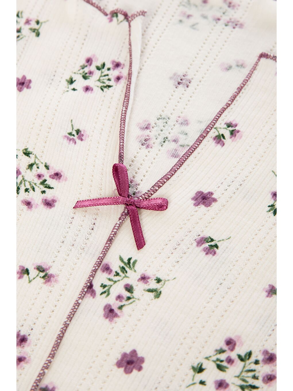 Mor Kadın Pamuklu Çıtır Çiçek Desenli Baby Overloklu Fiyonklu Uzun Kollu Pijama Takımı-3