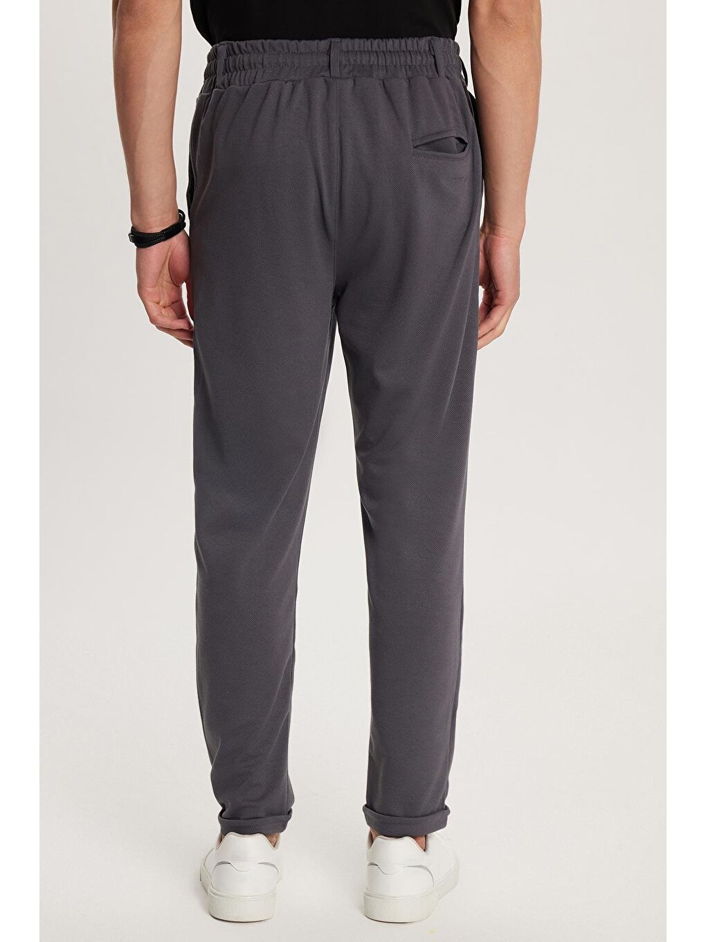 Erkek Slim Fit Pamuklu Beli Bağlamalı Yan Cepli Katlamalı Paça Jogger Antrasit Pantolon-4