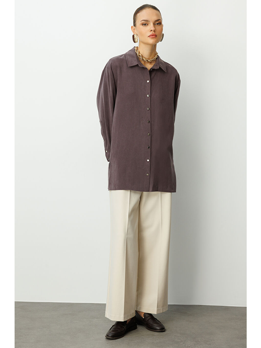 Yan Düğmeli Kahverengi Cupro Tunik-1