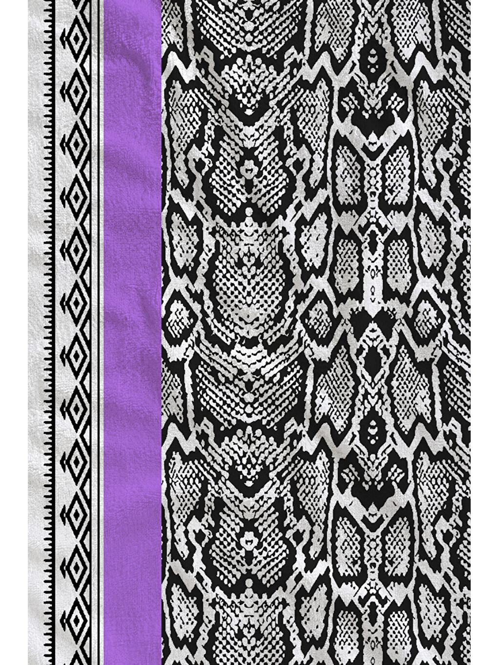 Mor Şeritli Siyah Beyaz Etnik Desenli 70x150 Cm Dijital Baskılı Plaj Ve Banyo Havlusu-1