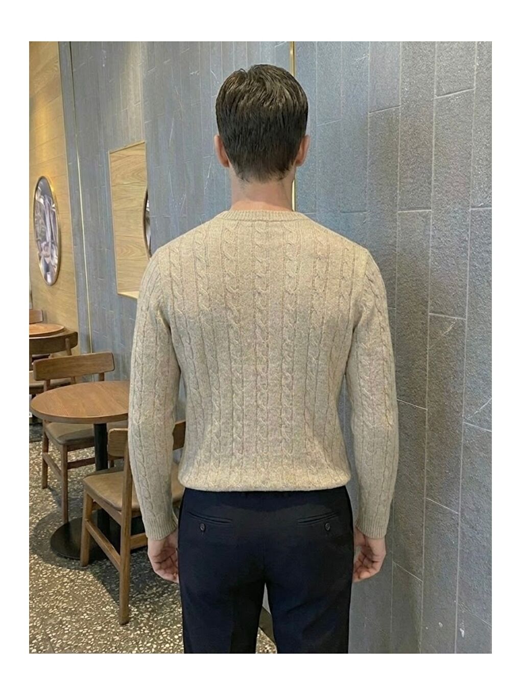 Bej Erkek Bisiklet Yaka Slim Fit Saç Örgülü Triko Kazak-3