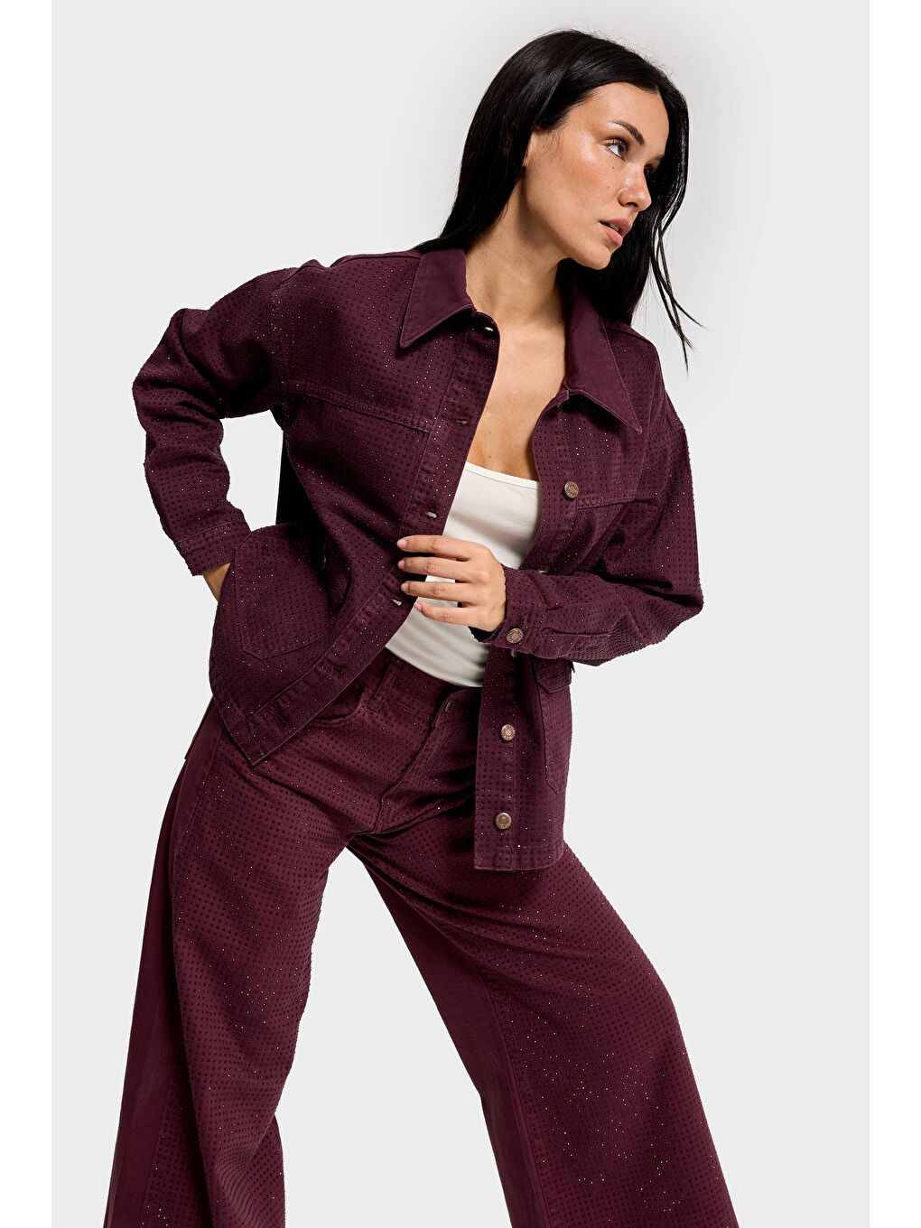 Kadın Bordo Renk T-6w5-122 Oversize Parlak Taşlı Özel Tasarım Denim Ceket-1