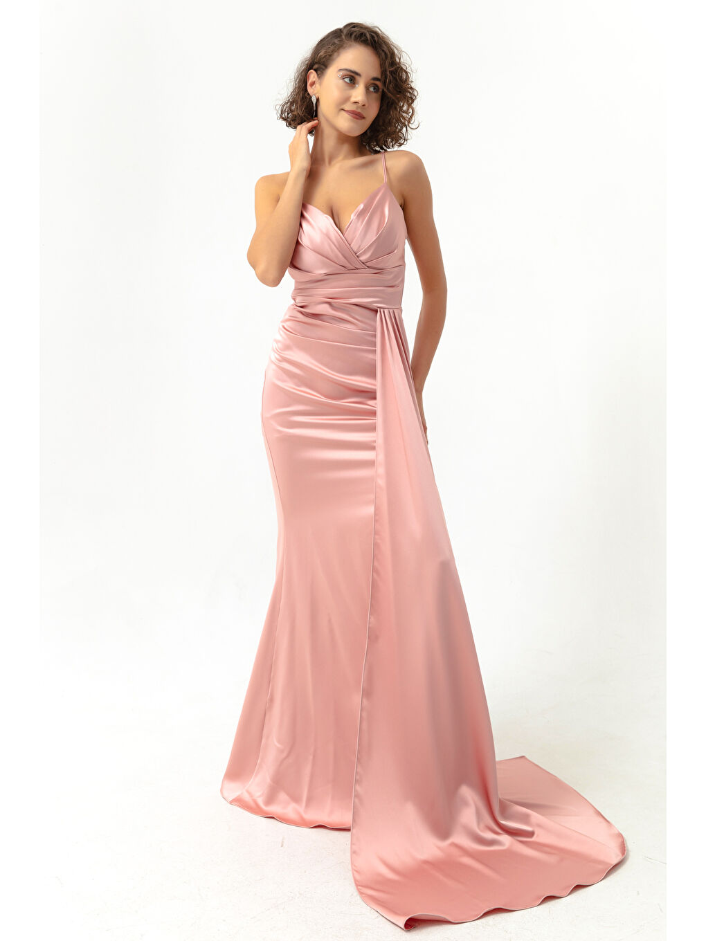 Kadın Pembe Askılı Uzun Saten Abiye Elbise & Mezuniyet Elbisesi-2