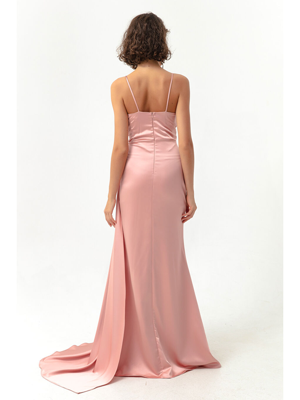 Kadın Pembe Askılı Uzun Saten Abiye Elbise & Mezuniyet Elbisesi-4
