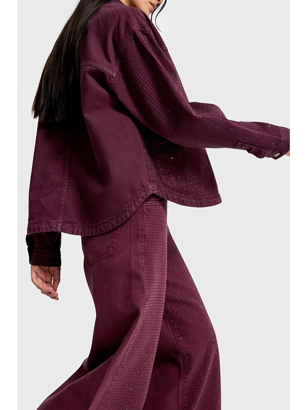 Kadın Bordo Renk T-6w5-122 Oversize Parlak Taşlı Özel Tasarım Denim Ceket-2
