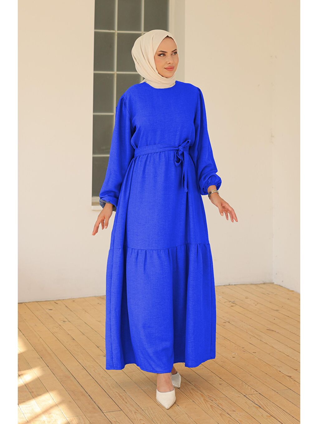 Mavi Katlı Elbise Saks - 26624-1