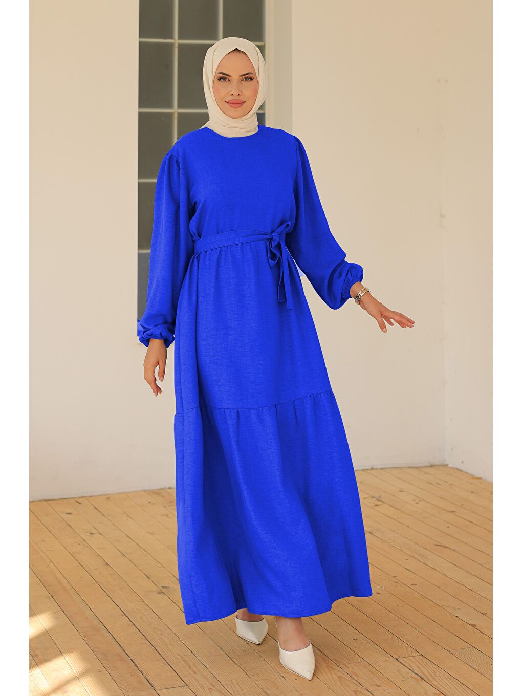 Mavi Katlı Elbise Saks - 26624-2