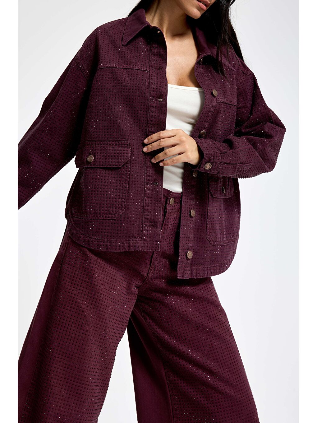 Kadın Bordo Renk T-6w5-122 Oversize Parlak Taşlı Özel Tasarım Denim Ceket-3