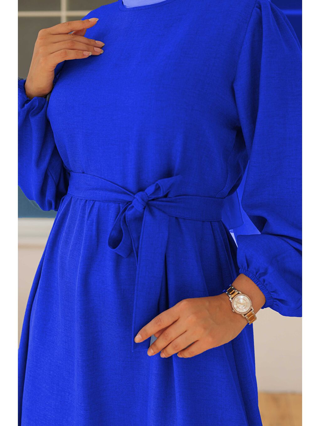 Mavi Katlı Elbise Saks - 26624-3