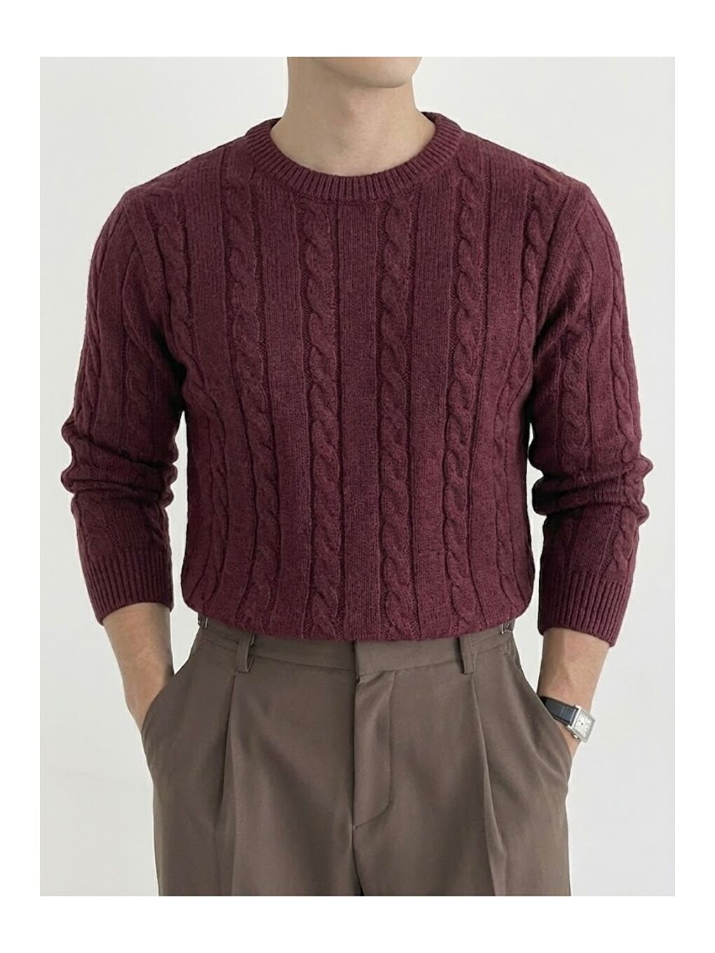 Bordo Erkek Bisiklet Yaka Slim Fit Saç Örgülü Triko Kazak-1