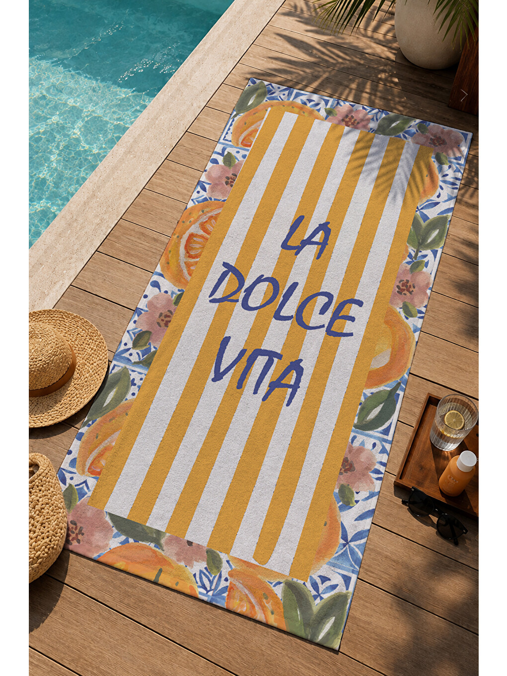 Sarı Çizgili La Dolce Vita Narenciye Çerçeveli 70x150 Cm Dijital Baskılı Plaj Ve Banyo Havlusu-2