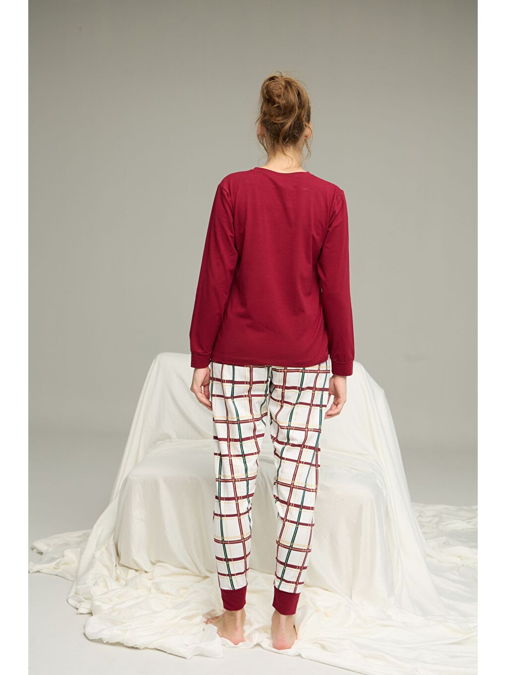 Bordo Ekose Desenli Örme Pamuklu Pijama Takım25240275-1