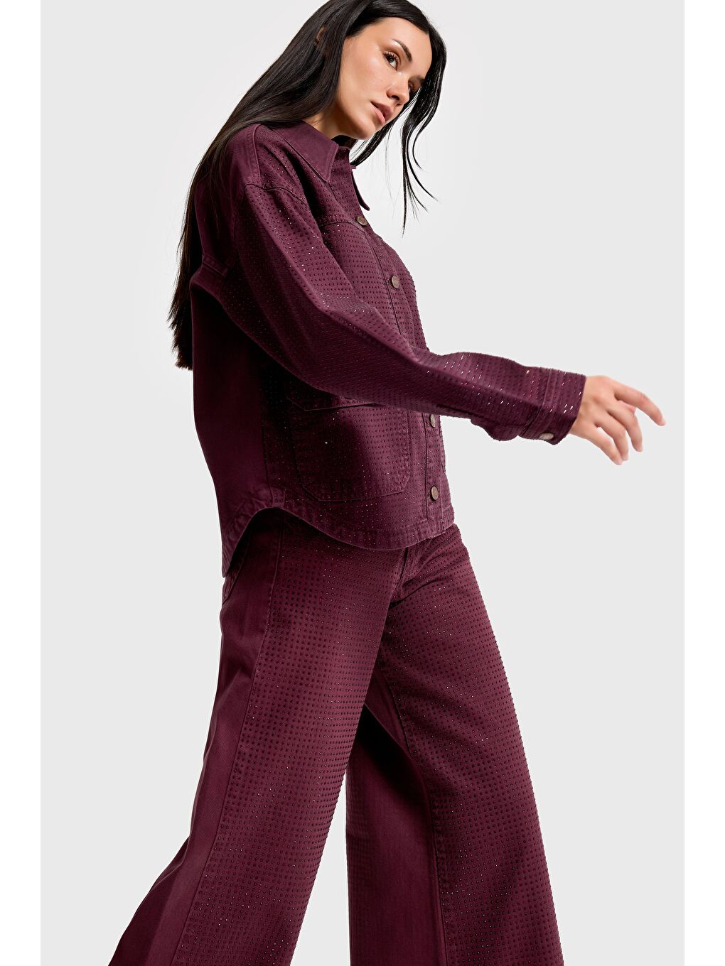 Kadın Bordo Renk T-6w5-122 Oversize Parlak Taşlı Özel Tasarım Denim Ceket-4