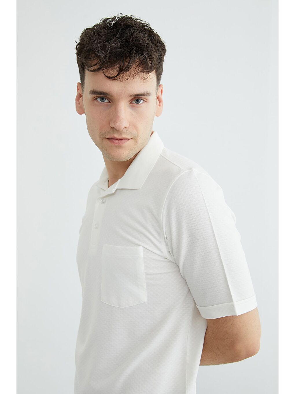 Ekru Desenli Tek Cepli Polo Yaka Tişört-4