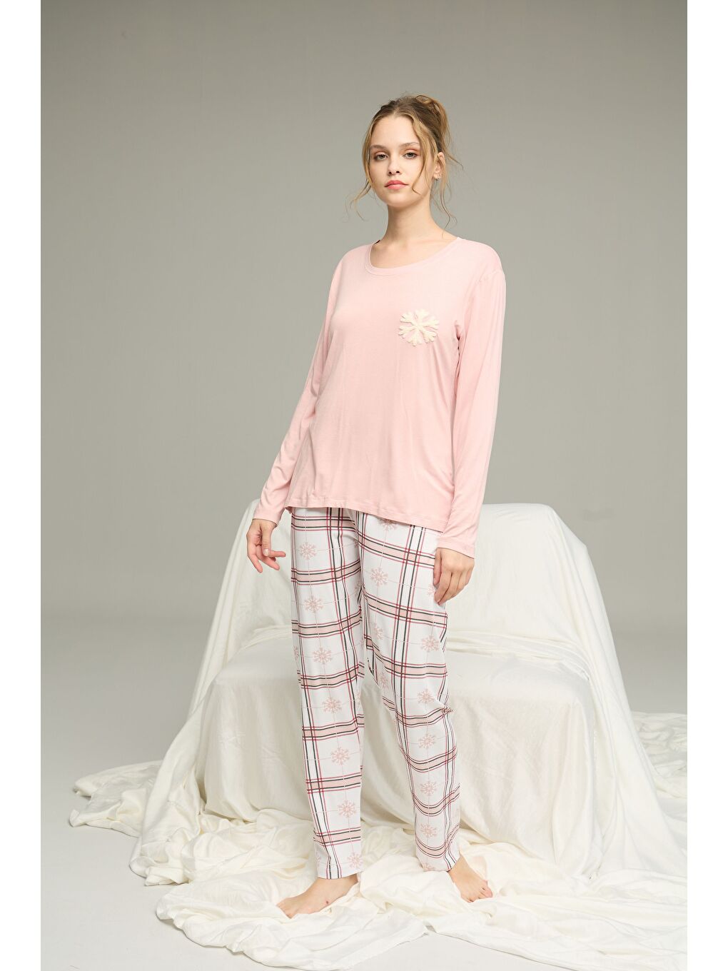 Pembe Pudra Ekose Desenli Örme Pamuklu Pijama Takım25240274-1