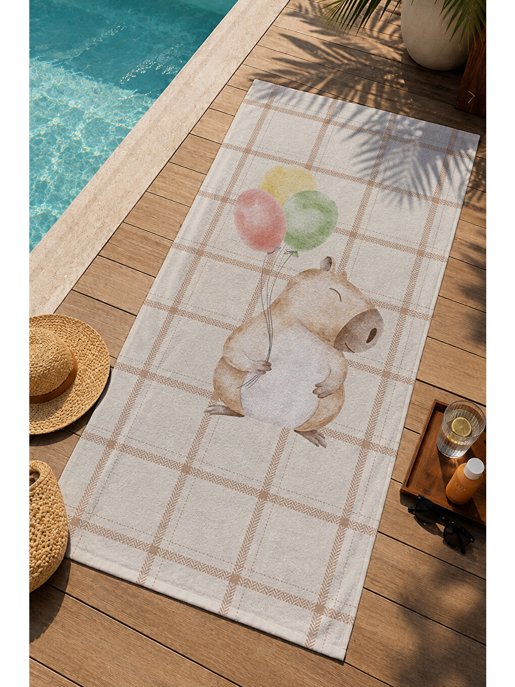 Bej Ekose Tavşan Ve Balon Desenli 70x150 Cm Dijital Baskılı Plaj Ve Banyo Havlusu-2