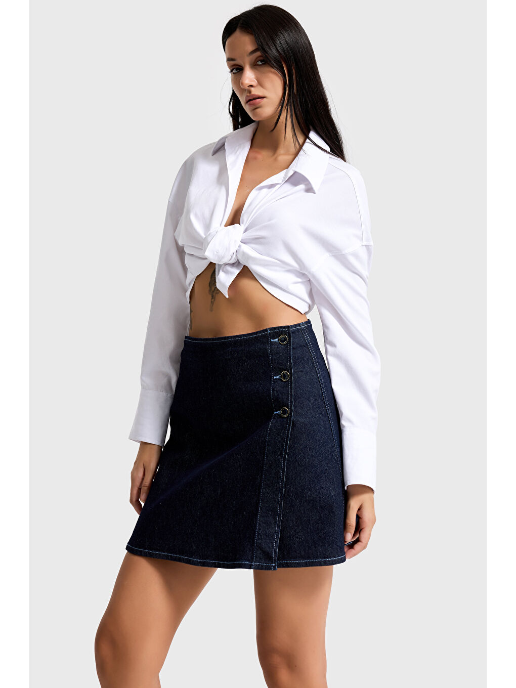 Kadın İndigo renk 7w5-50 Straight Fit Düğmeli Denim Etek-1