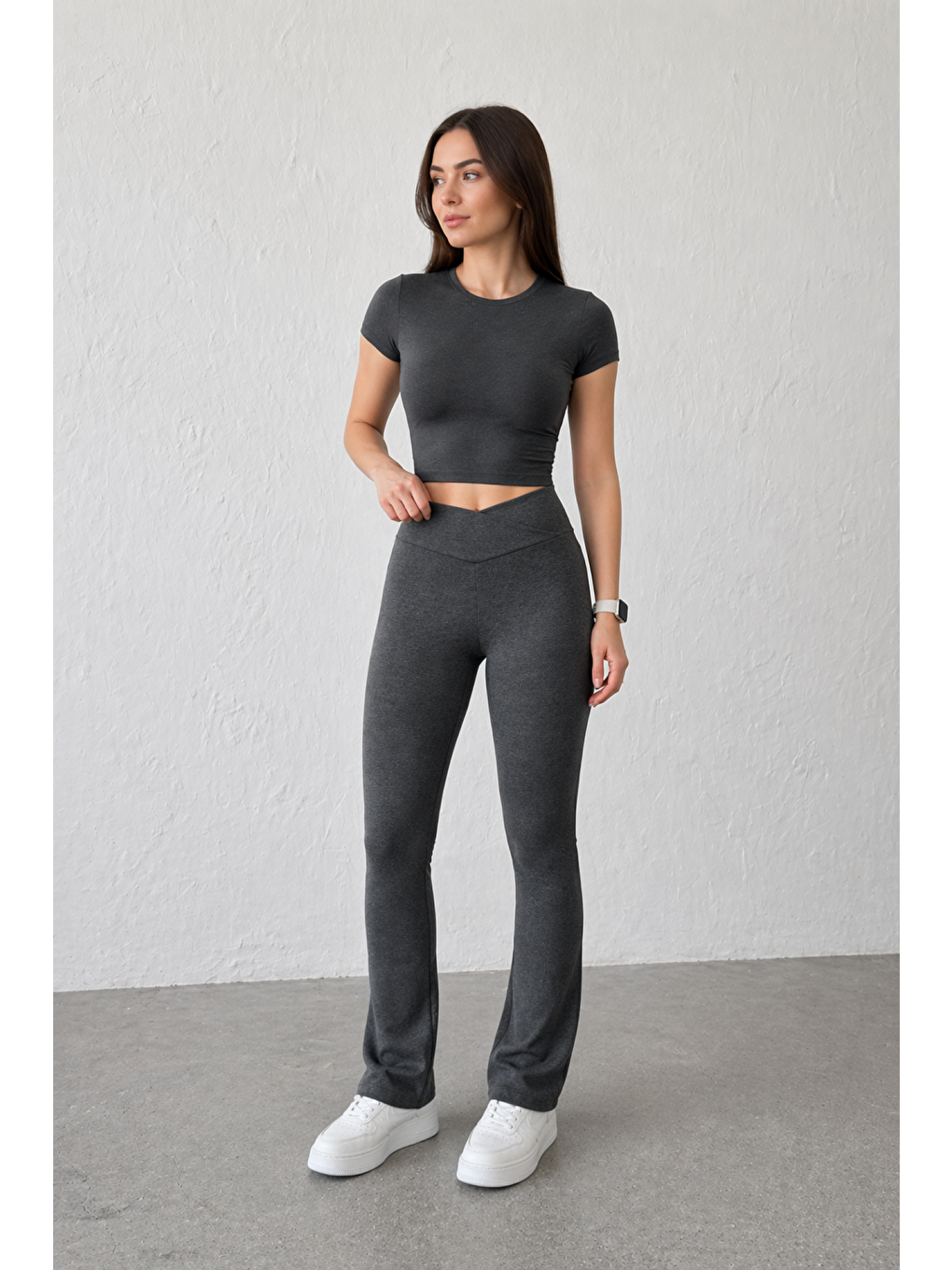 Gri Kadın Ekstra Yüksek Bel Toparlayıcı İspanyol Paça Ribana Kumaş Esnek Spor Rahat Günlük Tayt-1