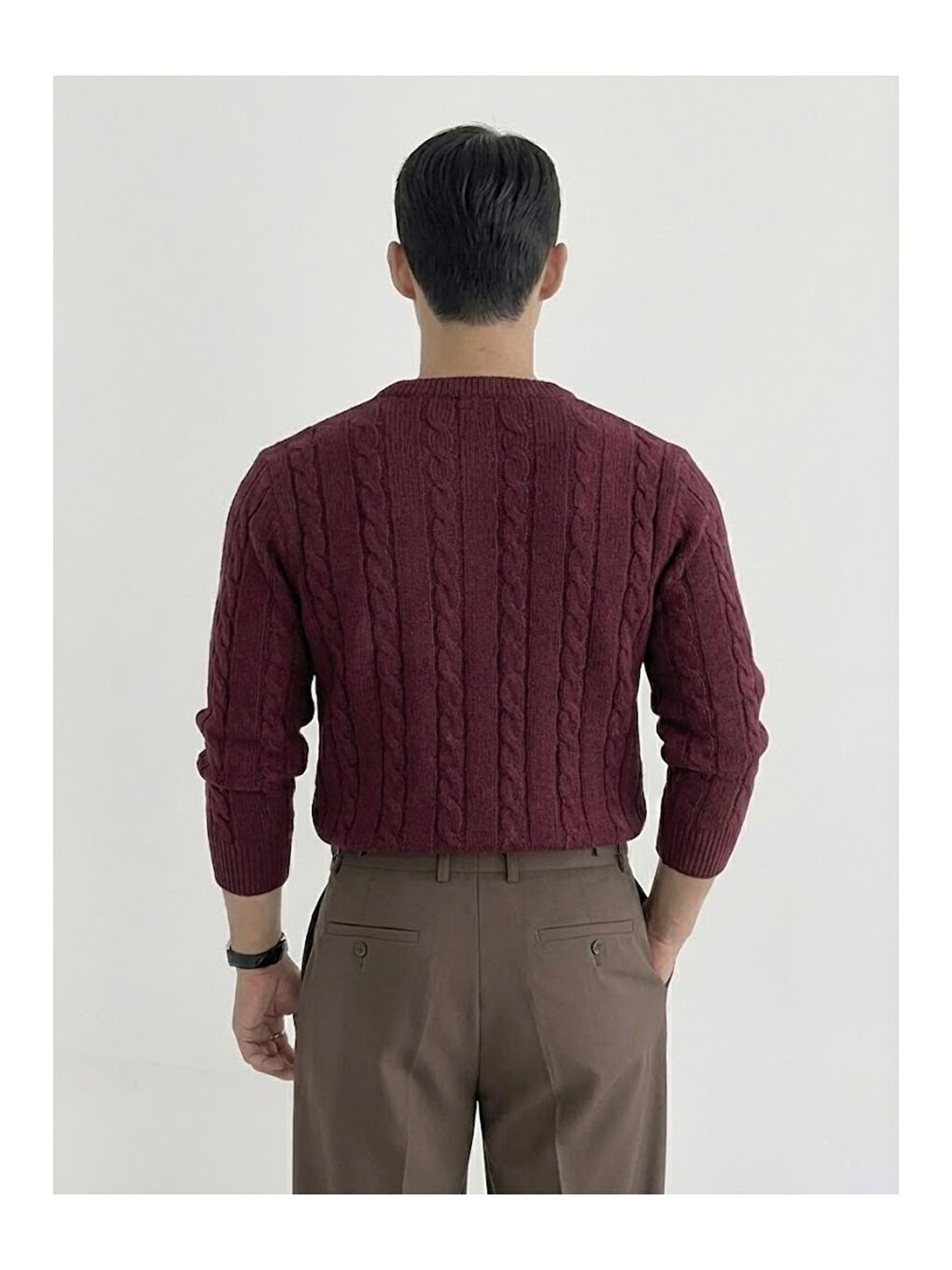 Bordo Erkek Bisiklet Yaka Slim Fit Saç Örgülü Triko Kazak-3