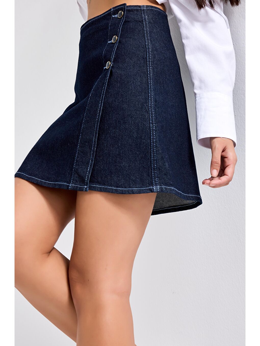 Kadın İndigo renk 7w5-50 Straight Fit Düğmeli Denim Etek-3