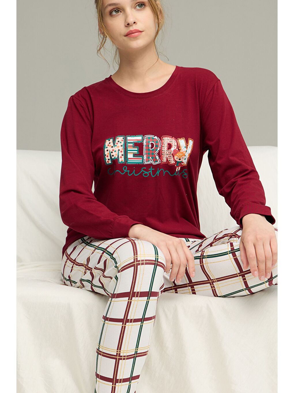 Bordo Ekose Desenli Örme Pamuklu Pijama Takım25240275-2