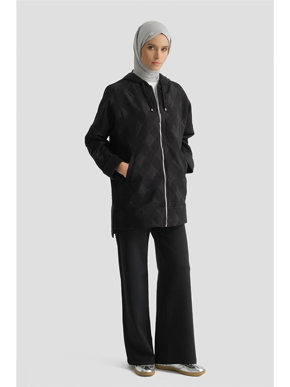 Desenli Kapüşonlu Relax Takım Siyah-2