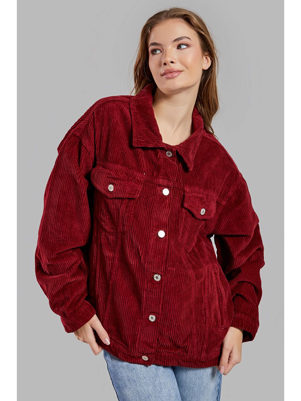 Kadın Bordo Renk Kalın Fitilli Kadife Kumaş Oversize Ceket
