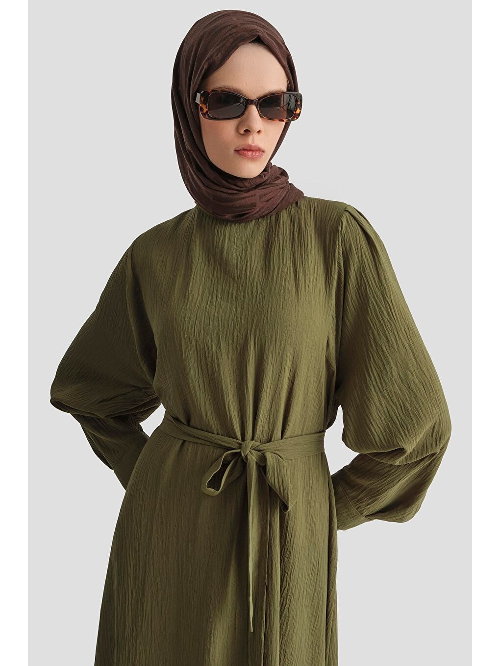 Balon Kollu Elbise Haki-3