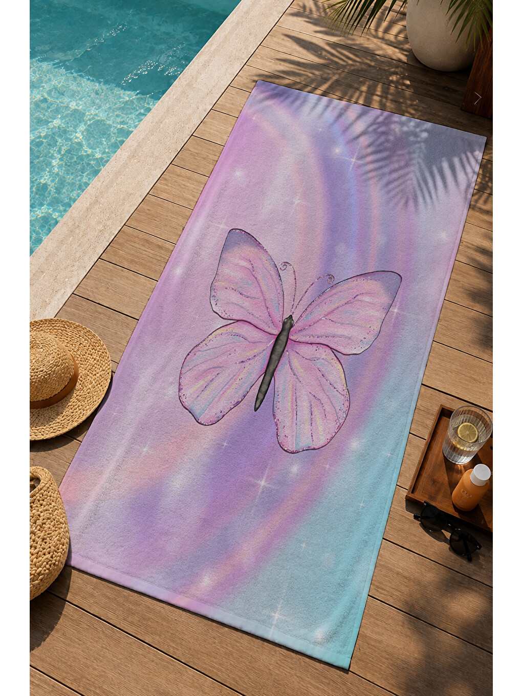 Mavi Pastel Batik Kelebek Desenli 70x150 Cm Dijital Baskılı Plaj Ve Banyo Havlusu-2
