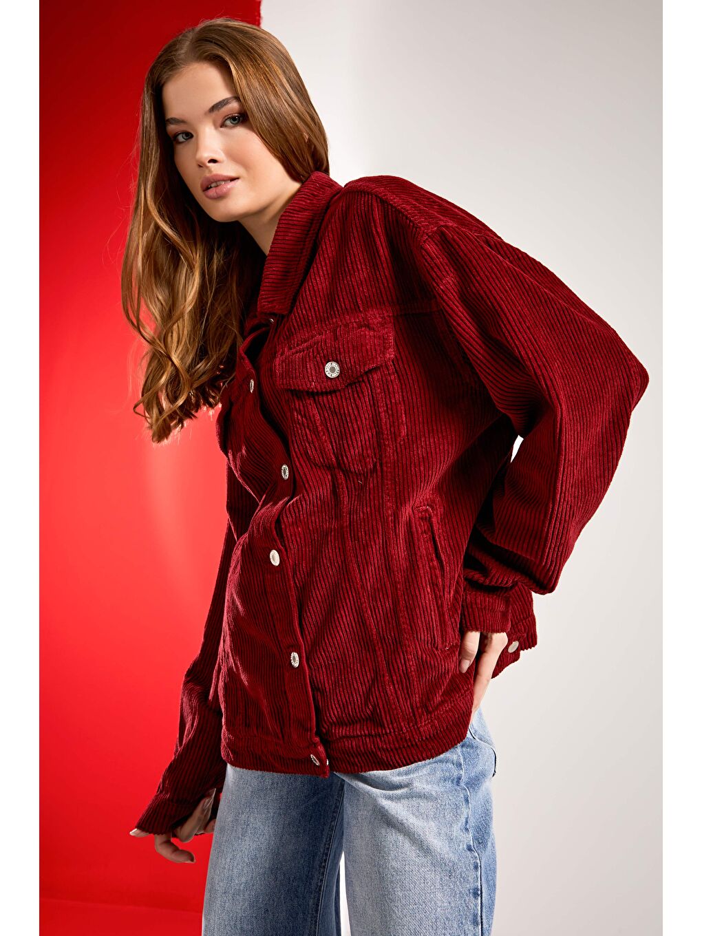 Kadın Bordo Renk Kalın Fitilli Kadife Kumaş Oversize Ceket-1