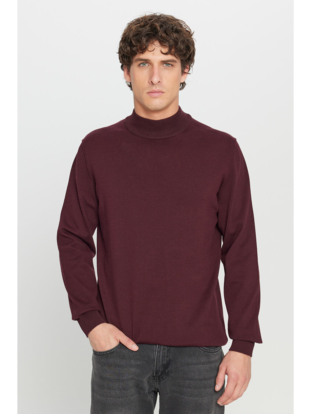 Erkek Bordo Pamuklu Standart Fit Normal Kesim Yarım Balıkçı Yaka Triko Kazak