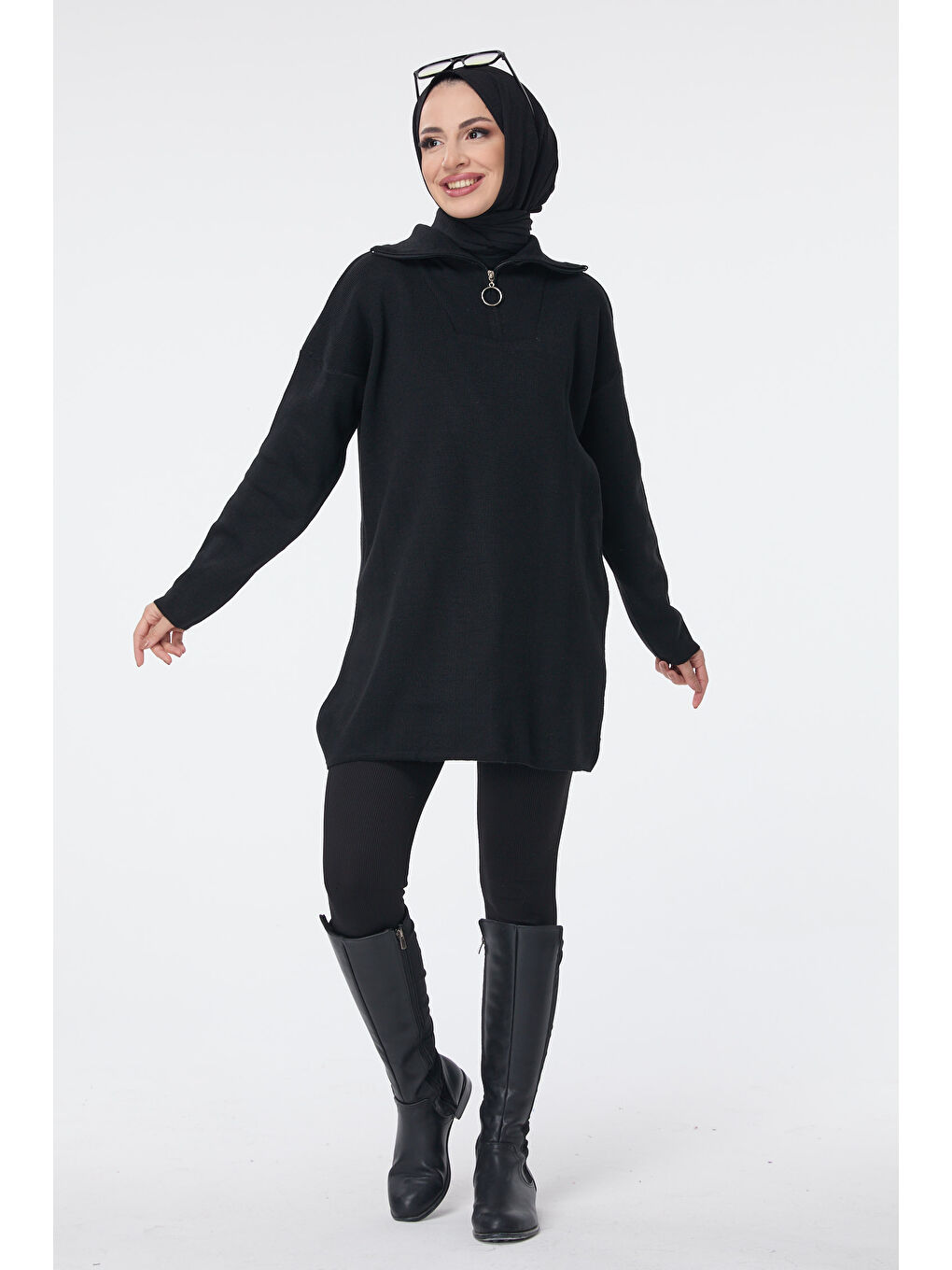 Fermuarlı Triko Uzun Kazak Siyah - 27627-1